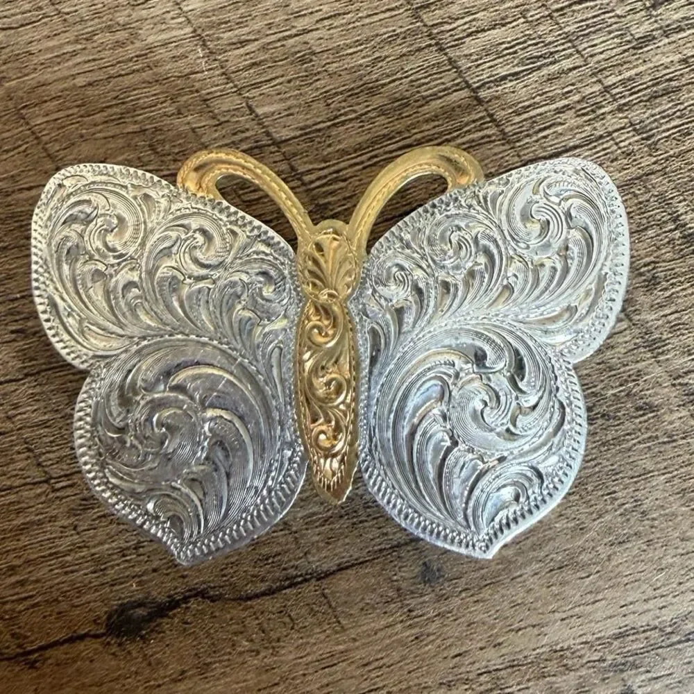 Montana Silversmiths German Silver Plated Floral Butterfly Belt Buckle
